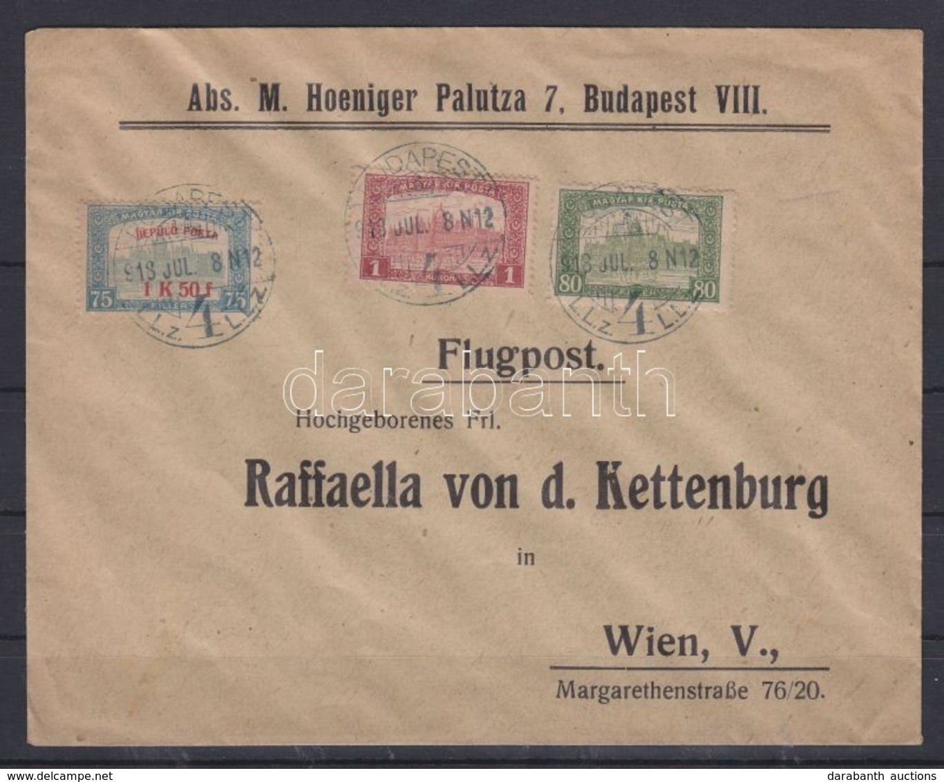 1918.jul. 8. Légi Levél Bécsbe 1K50f Repülő Posta Bélyeggel és 1.80K Kiegészítő Bérmentesítéssel / Mi 210 With Additiona - Sonstige & Ohne Zuordnung