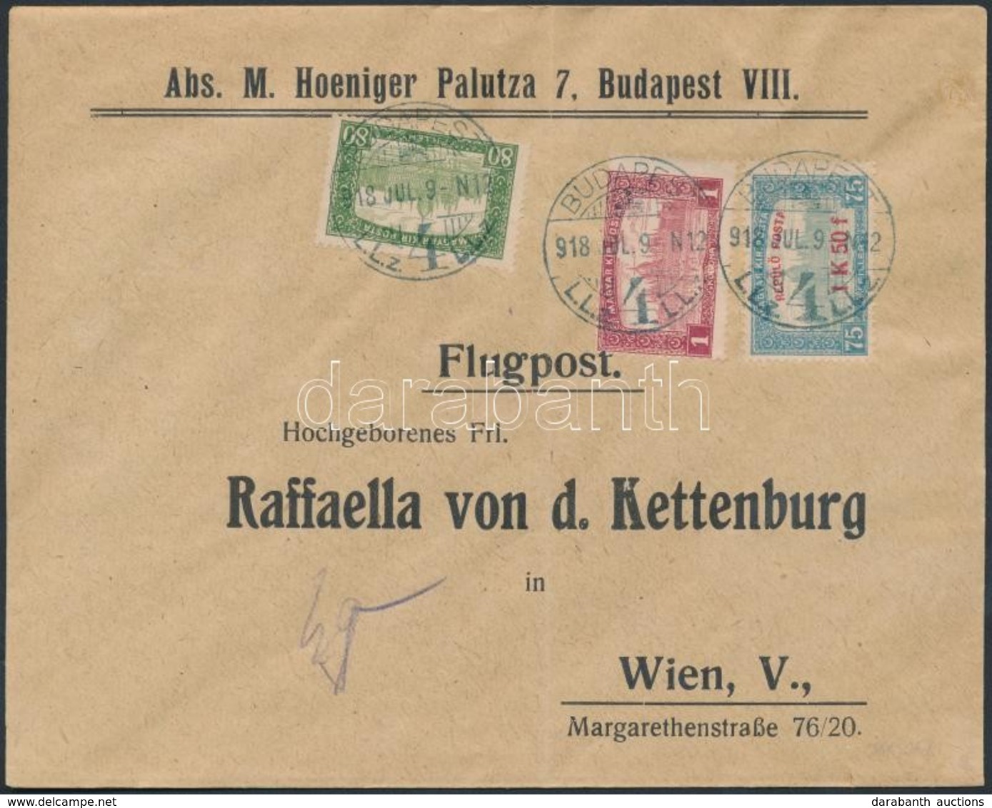 1918. Jul. 9. Légi Levél Bécsbe 1K50f Repülő Posta Bélyeggel és 1.80K Kiegészítő Bérmentesítéssel / Mi 210 With Addition - Otros & Sin Clasificación