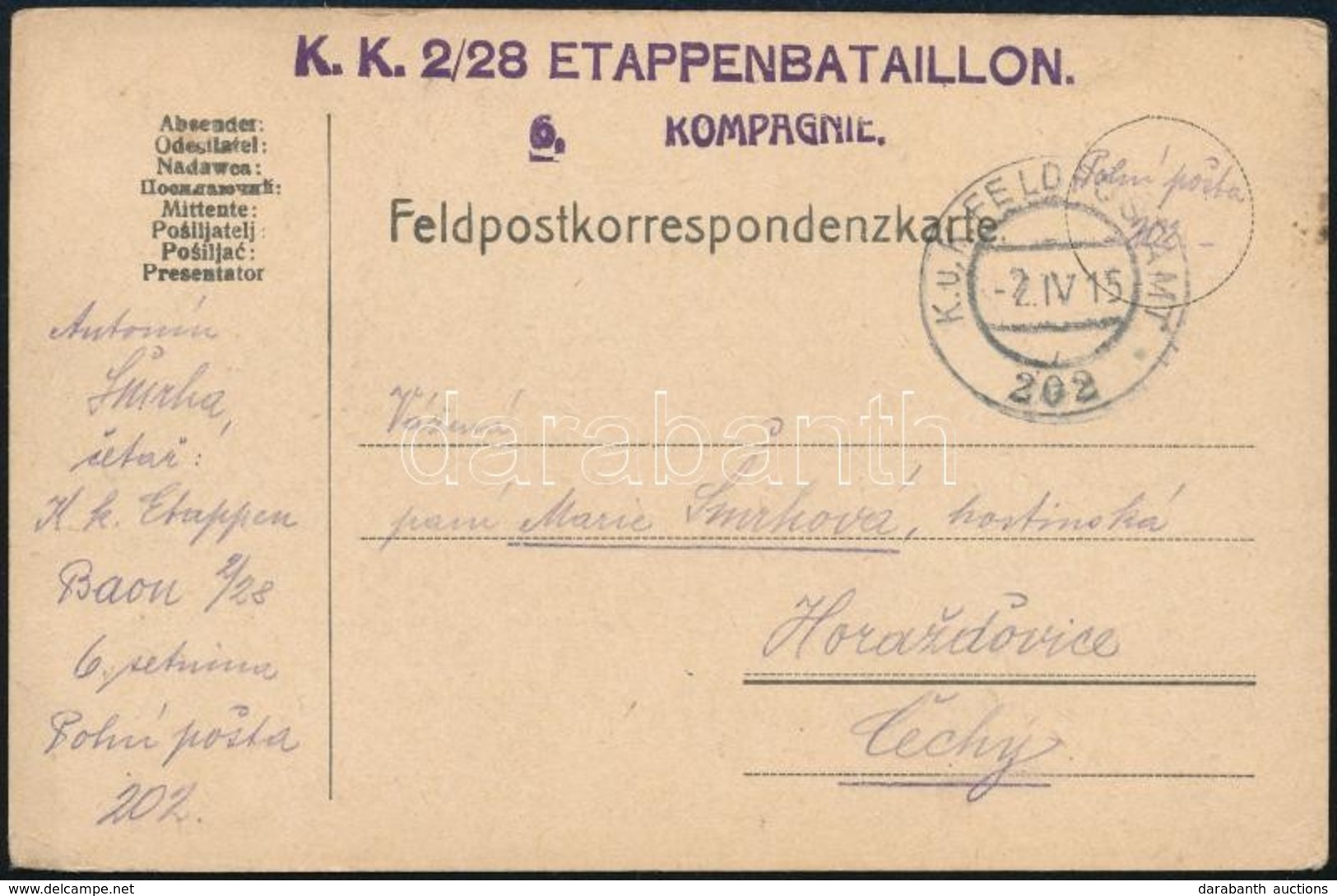 1915 Tábori Posta Levelezőlap 'K.K. 2/28 ETAPPENBATAILLON' + 'FP 202' - Other & Unclassified