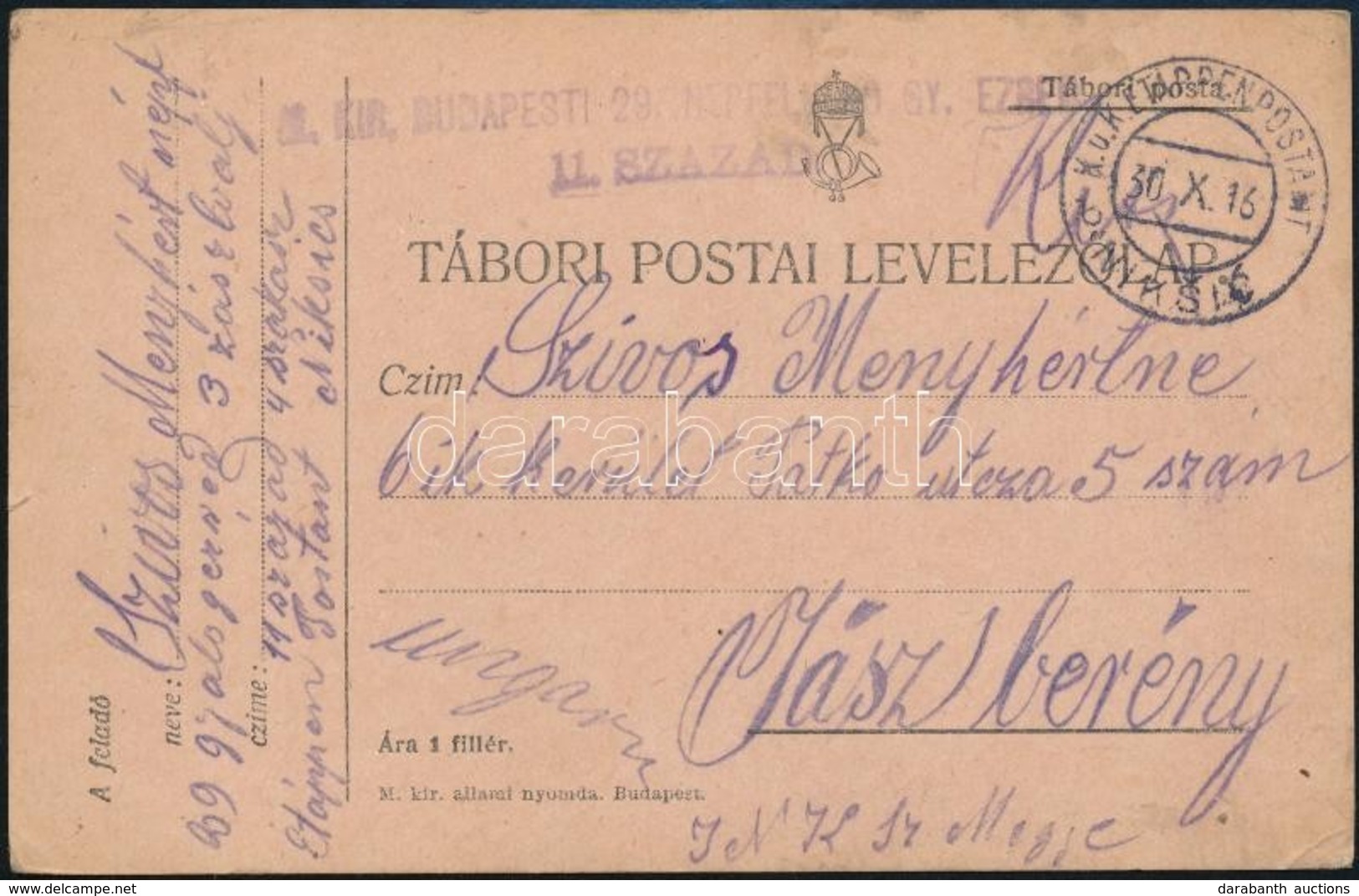 1916 Tábori Posta Levelezőlap / Field Postcard 'M.KIR. BUDAPESTI 29. NÉPFELKELŐ GY. EZRED 11. SZÁZAD' + 'EP NIKSIC B' - Otros & Sin Clasificación