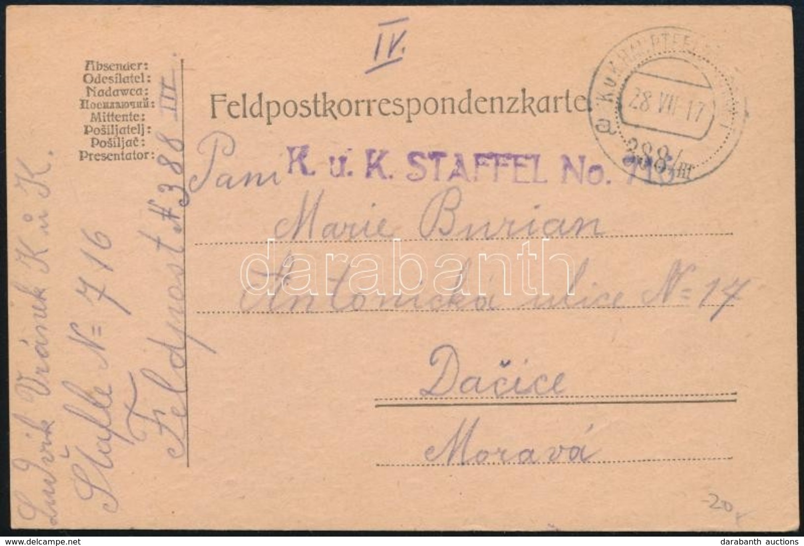 1917 Tábori Posta Levelezőlap 'K.u.k. STAFFEL No.716' + 'HP 388/III A' - Altri & Non Classificati