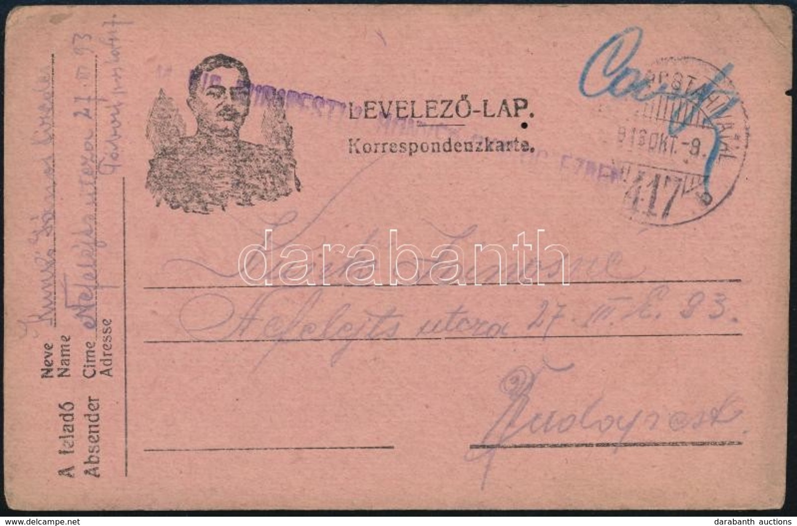 1918 Tábori Posta Levelezőlap 'M.kir. Budapesti 1. Honvéd Gyalogezred' + 'TP 417 B' - Otros & Sin Clasificación