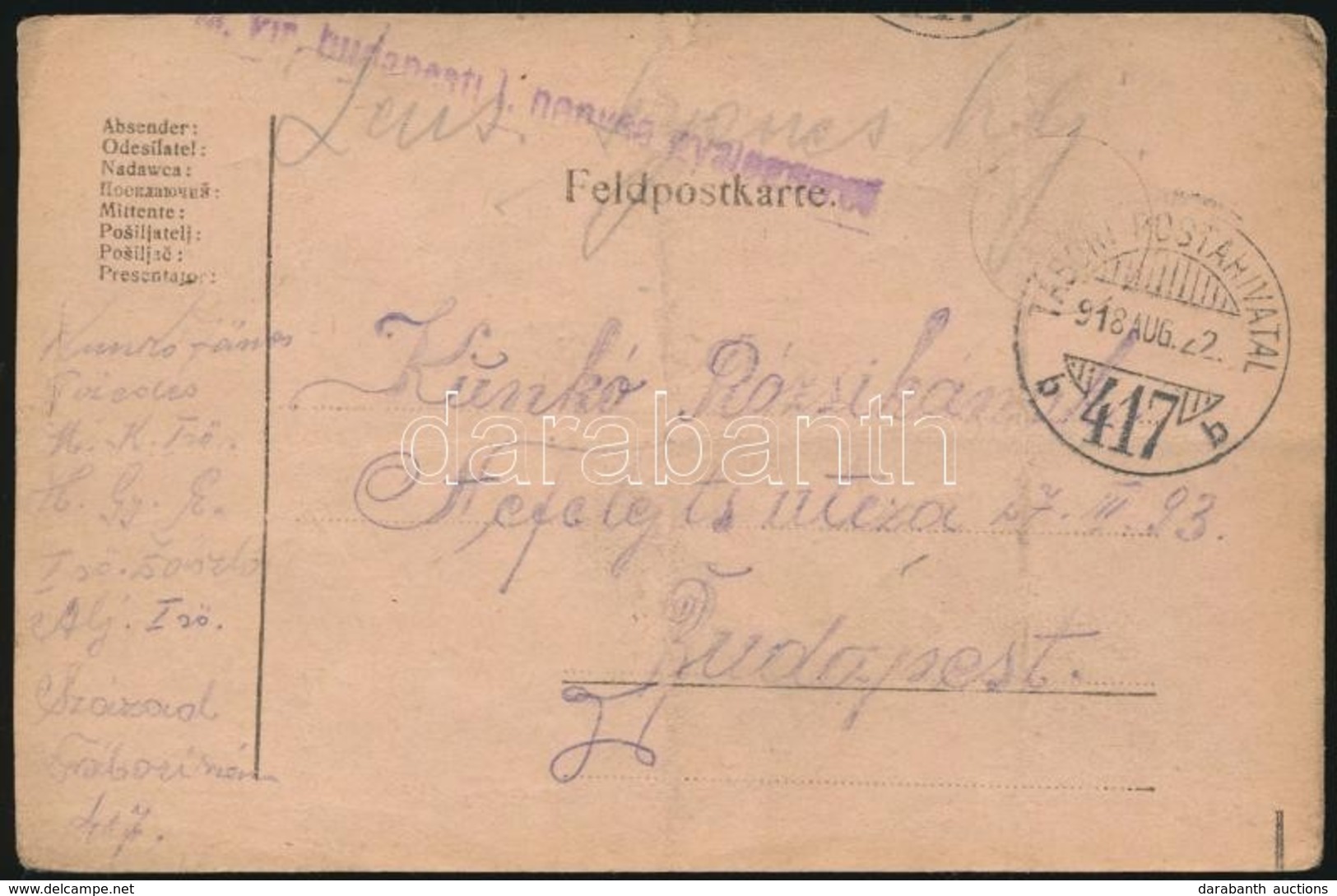 1918 Tábori Posta Levelezőlap 'M.kir. Budapesti I. Honvéd Gyalogezred' + 'TP 417 B' - Sonstige & Ohne Zuordnung