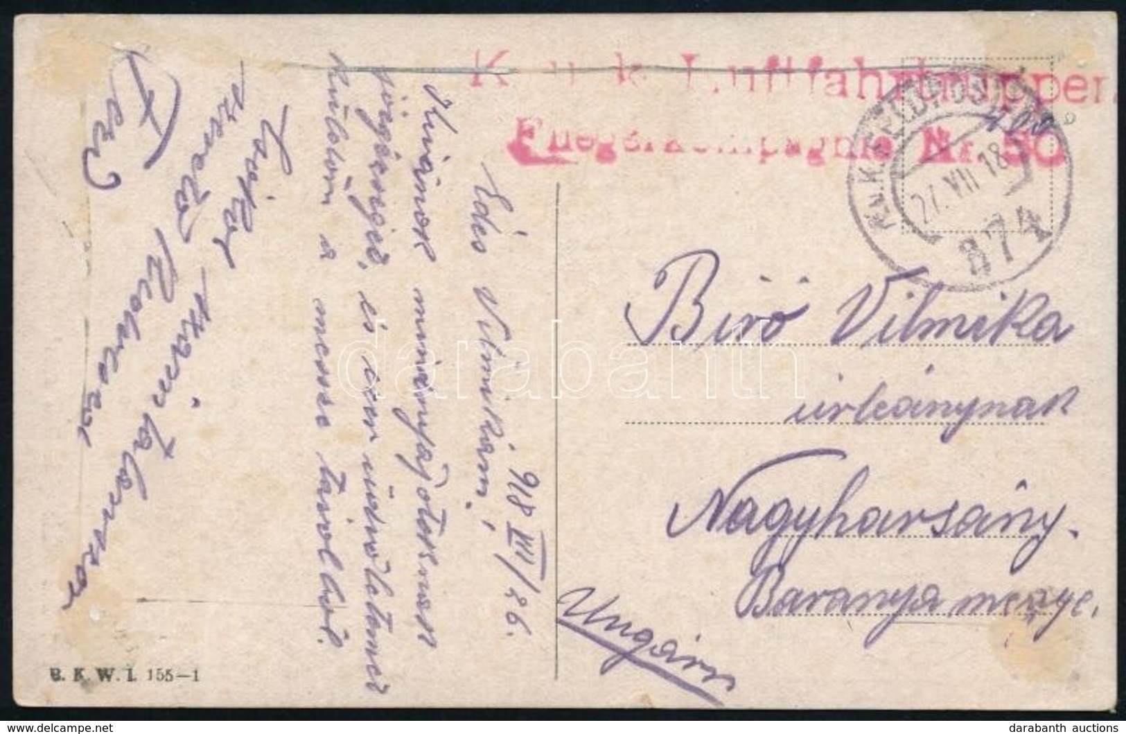 1918 Képeslap / Postcard 'K.u.k. Luftfahrtruppen Fliegerkompagnie Nr. 50.' + 'FP 374' - Sonstige & Ohne Zuordnung