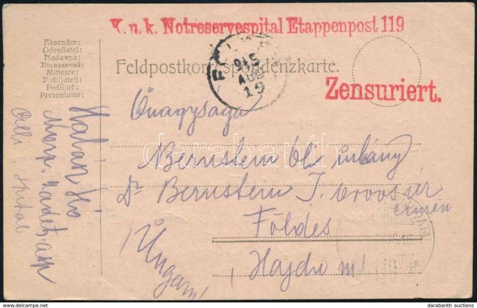 1915 Tábori Posta Levelezőlap 'K.u.k. Notreservespital Etappenpost 119' + 'HP 119' - Sonstige & Ohne Zuordnung