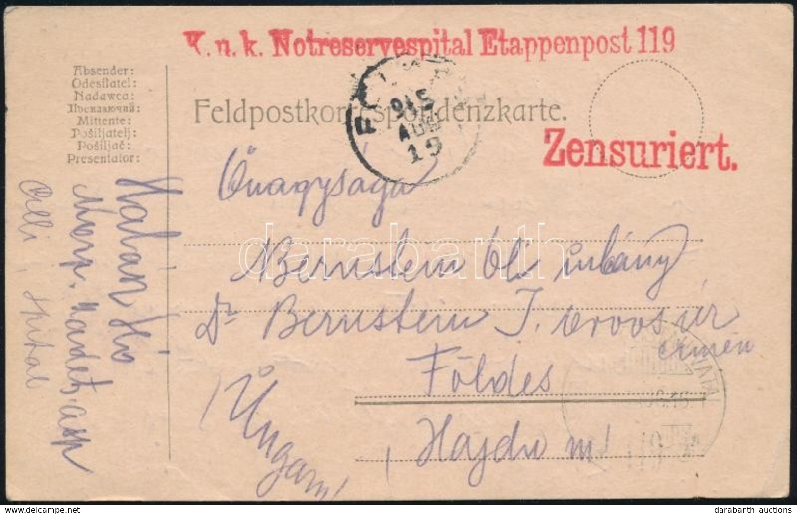 1915 Tábori Posta Levelezőlap 'K.u.k. Notreservespital Etappenpost 119' + 'HP 119' - Otros & Sin Clasificación