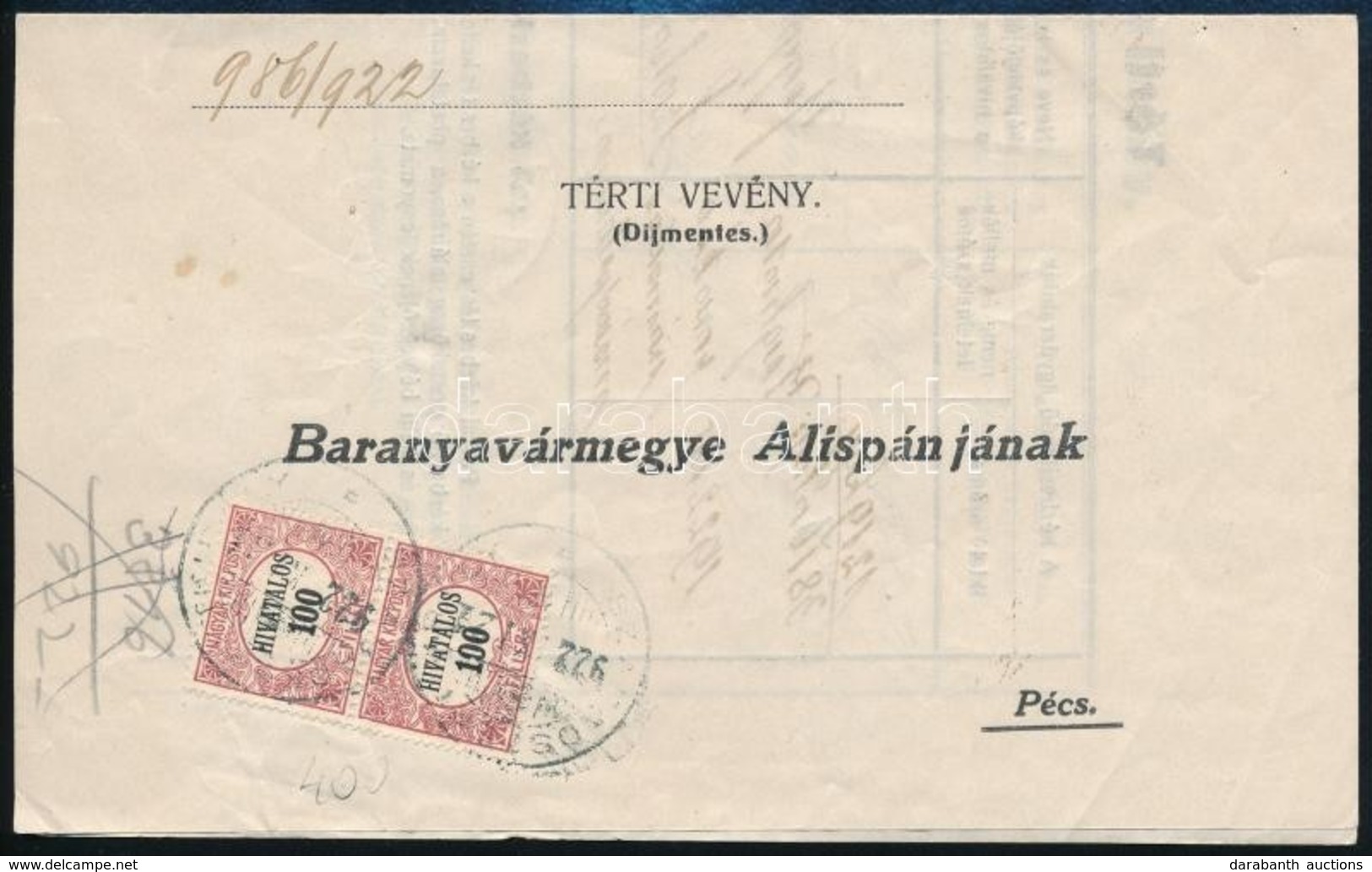 1922 Hivatalos 100f Pár Térti-vevényen - Sonstige & Ohne Zuordnung