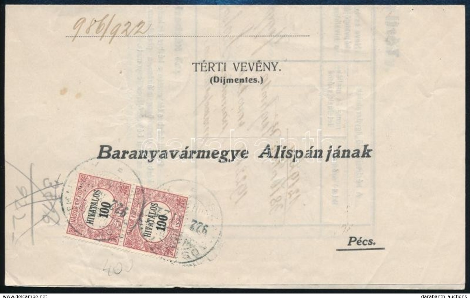 1922 Hivatalos 100f Pár Térti-vevényen - Otros & Sin Clasificación