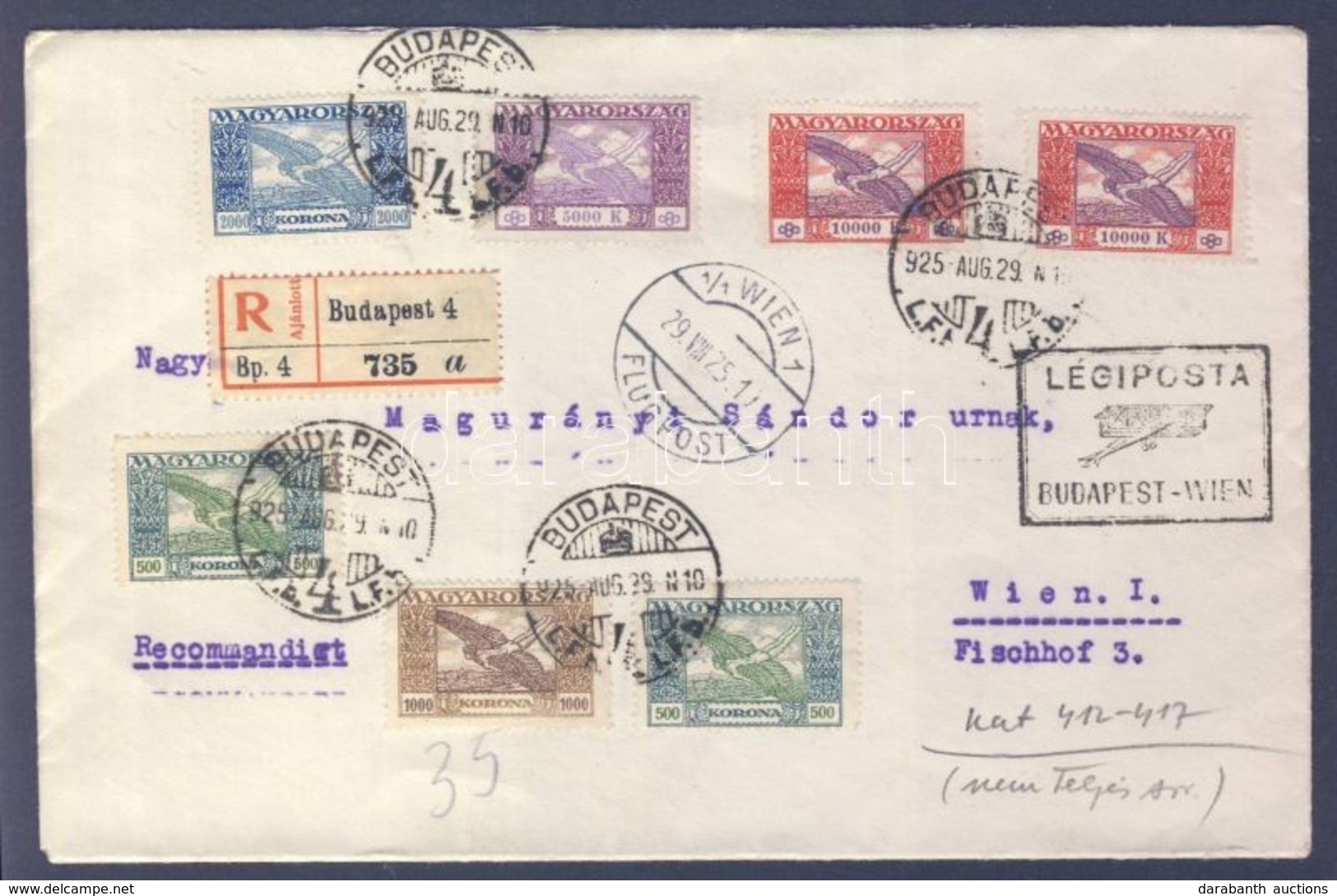 1925 (15. Díjszabás) Ajánlott Légi Levél Bécsbe 'BUDAPEST-WIEN' Légi Irányító Bélyegzéssel / Registered Airmail Cover To - Sonstige & Ohne Zuordnung