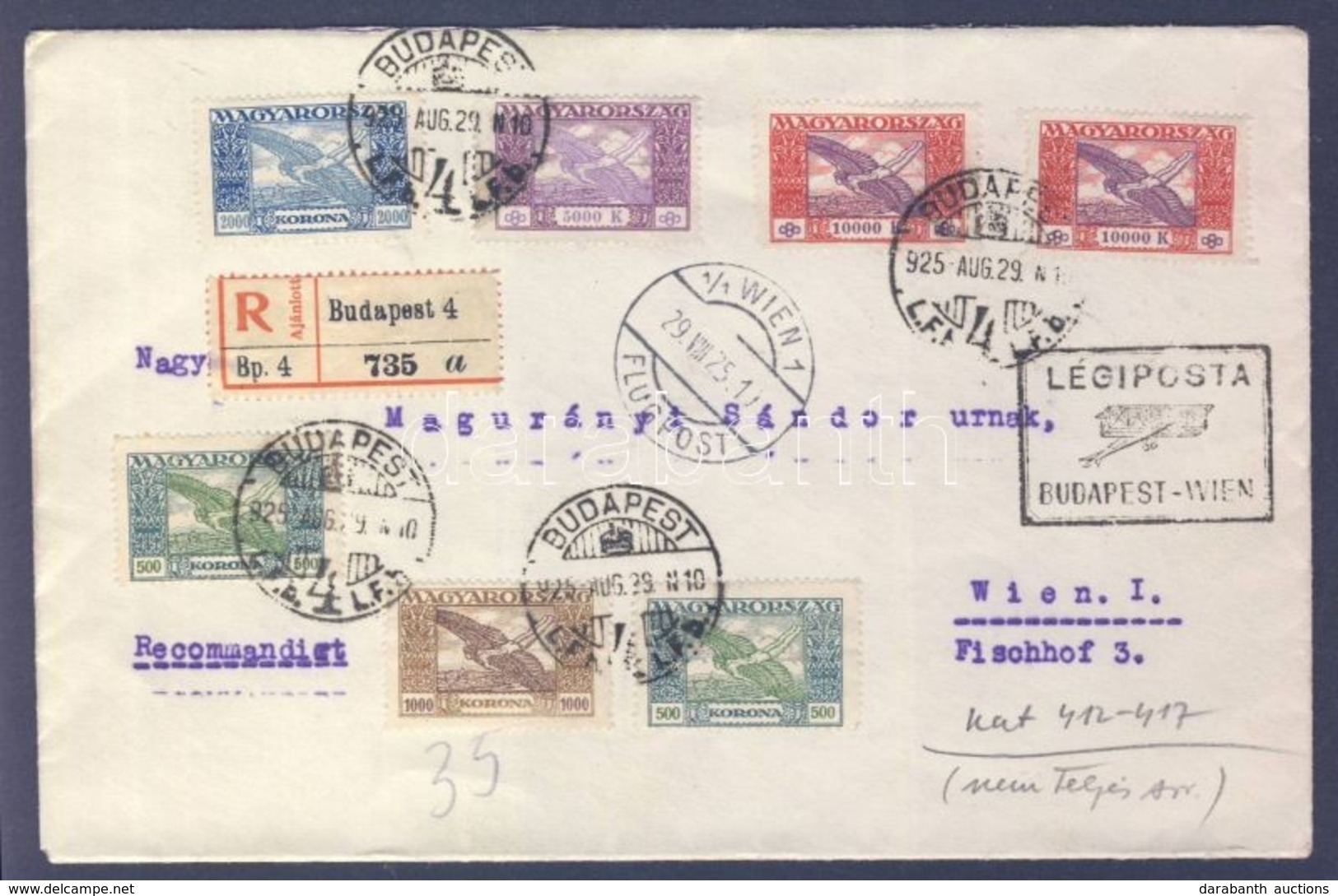 1925 (15. Díjszabás) Ajánlott Légi Levél Bécsbe 'BUDAPEST-WIEN' Légi Irányító Bélyegzéssel / Registered Airmail Cover To - Altri & Non Classificati