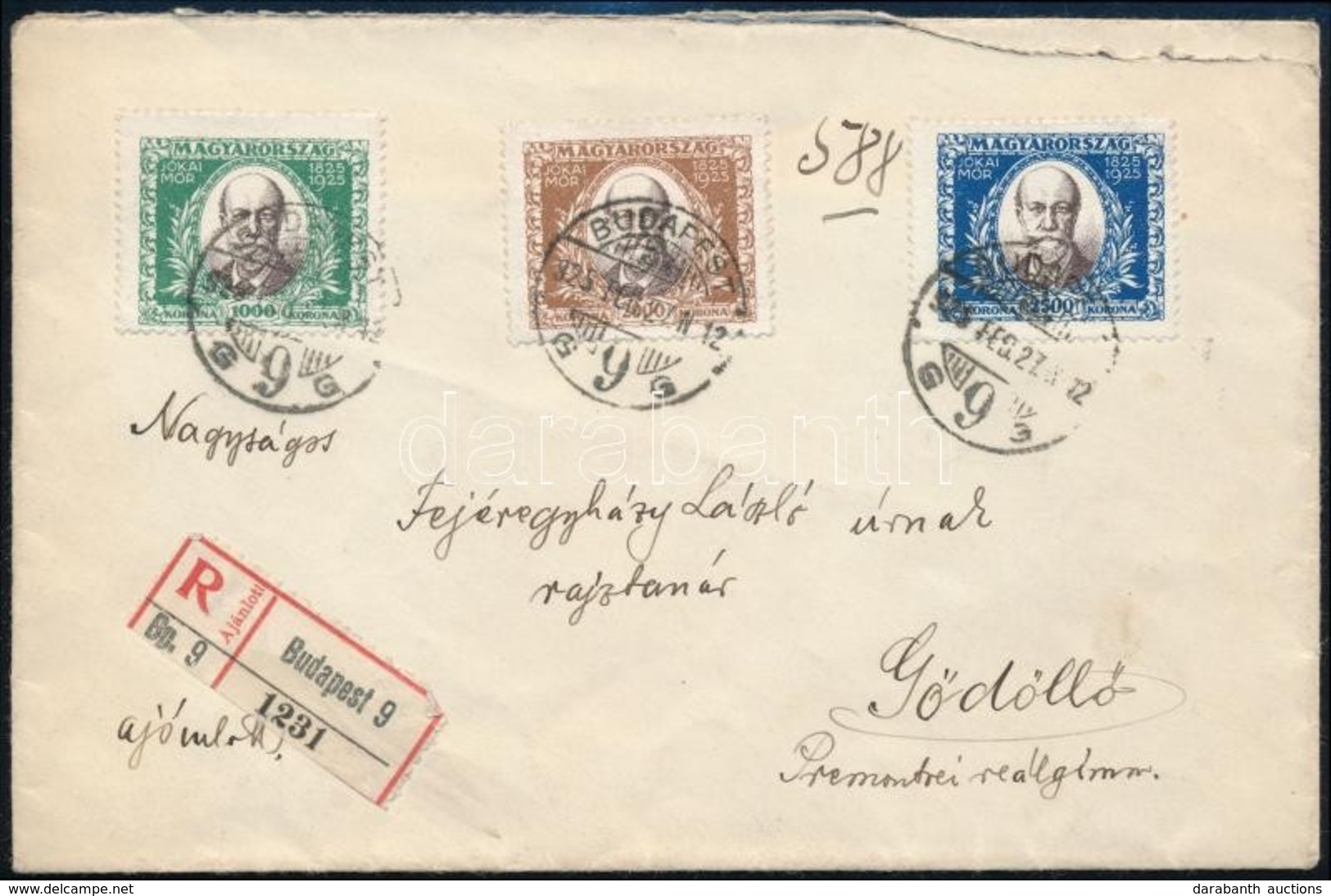 1925 Jókai Sor Ajánlott Levélen / Mi 398-400 On Registered Cover - Otros & Sin Clasificación