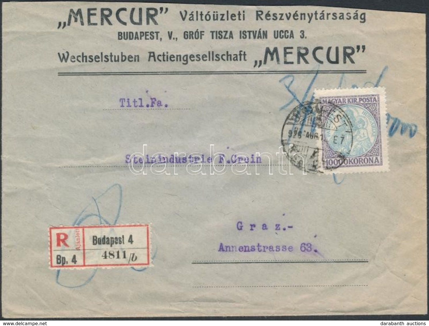 1926 (16. Díjszabás) Koronás Madonna 10000K Ajánlott Levélen Grazba / Mi 402 Single Franking On Registered Cover To Graz - Otros & Sin Clasificación