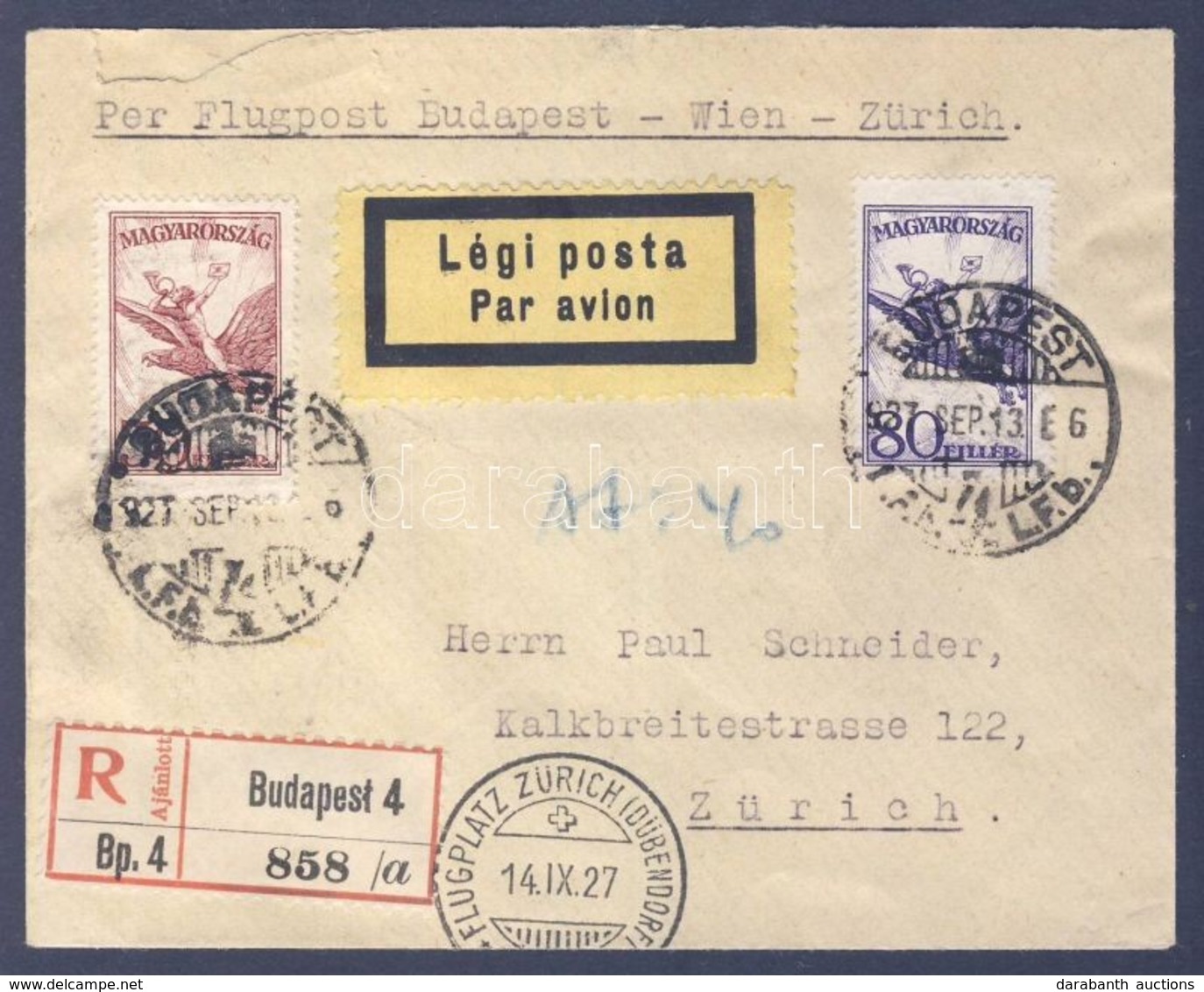 1927 Ajánlott Légi Levél Svájcba 'BUDAPEST-ZÜRICH' Légi Irányító Bélyegzéssel / Registered Airmail Cover To Switzerland  - Otros & Sin Clasificación