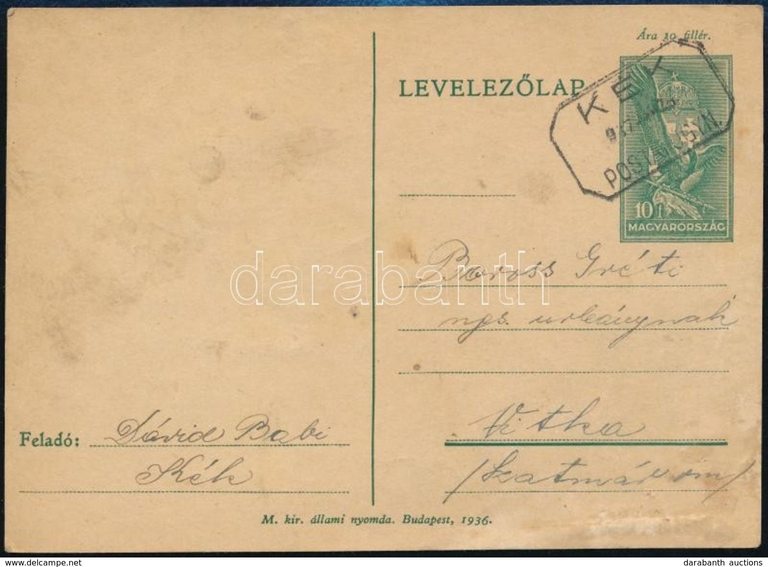 1937 Díjjegyes Levelezőlap 'KÉK' Postaügynökségi Bélyegzéssel - Otros & Sin Clasificación