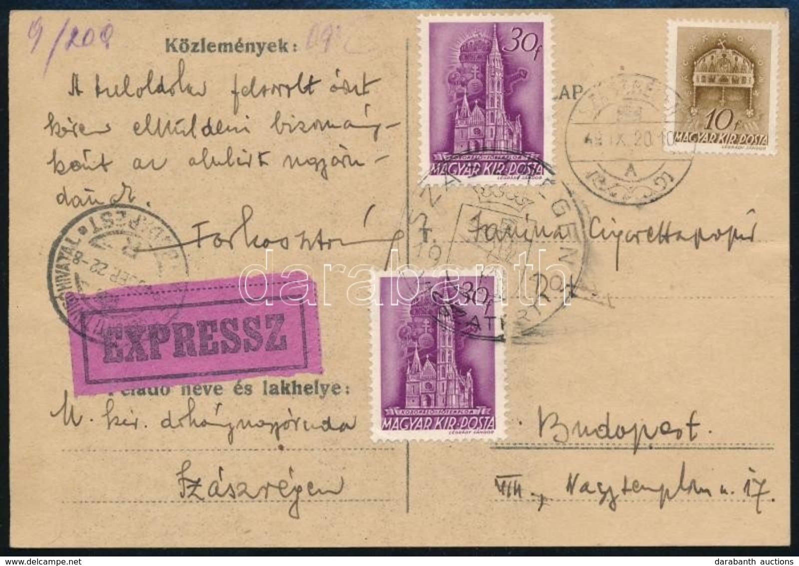 1940 Expressz Levelezőlap ,,SZÁSZRÉGEN VISSZATÉRT' Alkalmi Bélyegzéssel Budapestre - Otros & Sin Clasificación