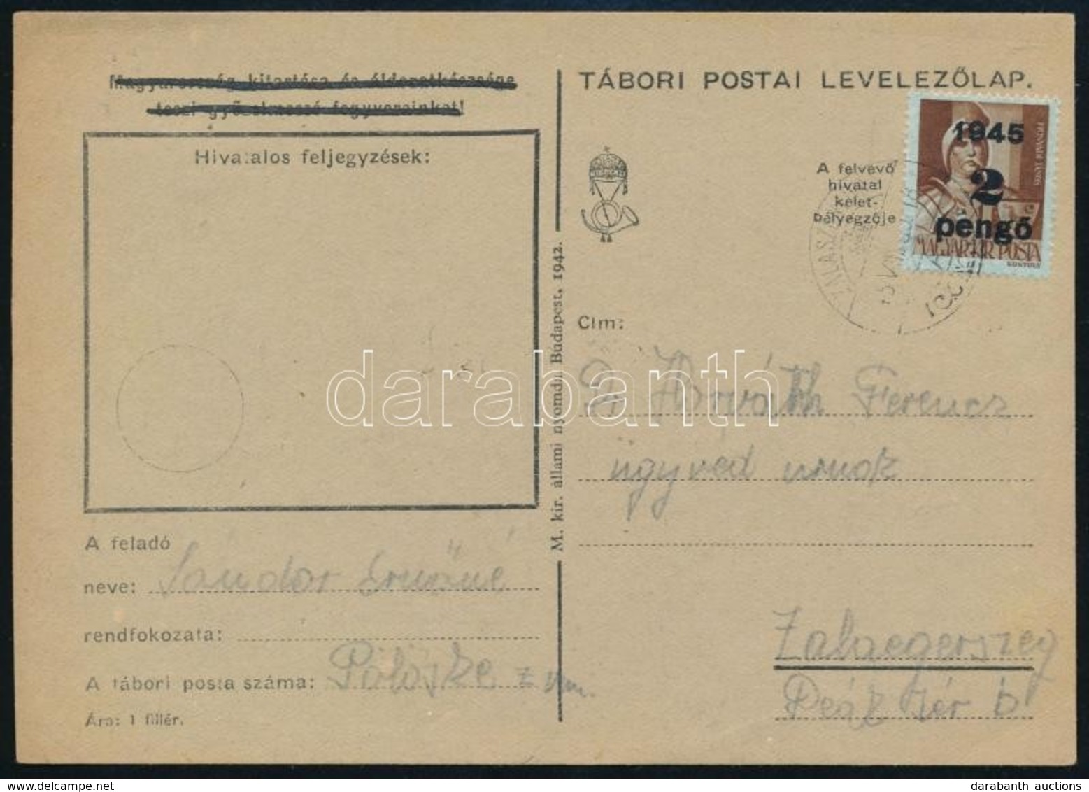 1945 (2. Díjszabás) Távolsági Levelezőlap Kisegítő 2P/4f Bérmentesítéssel - Sonstige & Ohne Zuordnung
