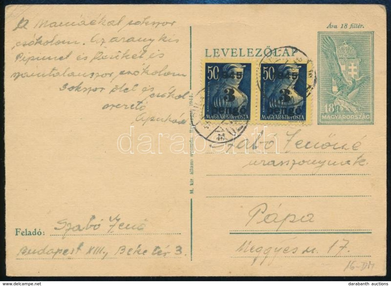 1945 (3. Díjszabás) Távolsági Levelezőlap Kisegítő 2 X 3P/50f Bérmentesítéssel - Otros & Sin Clasificación