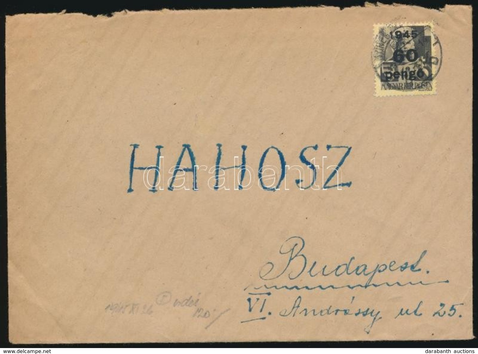 1945 (5. Díjszabás) Távolsági Levél Kisegítő 60P/18f Bérmentesítéssel, Az Előző Díjszabás Szerint Bérmentesítve - Otros & Sin Clasificación