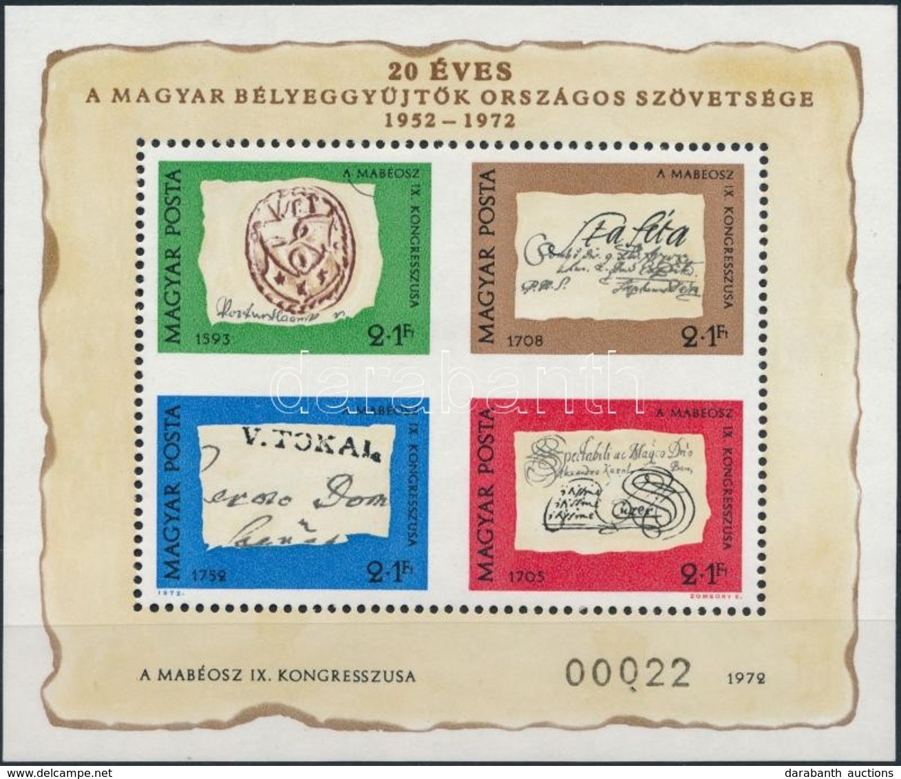 ** 1972 MABEOSZ Küldöttközgyűlés Középen Fogazatlan Ajándék Blokk (30.000) / Mi Block 88 Present Of The Post, Imperforat - Sonstige & Ohne Zuordnung