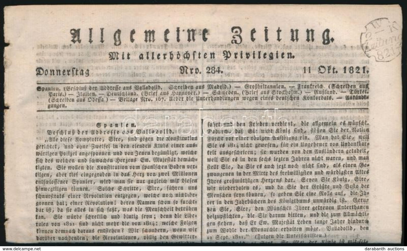 1821 Allgemeine Zeitung Szignettával - Otros & Sin Clasificación