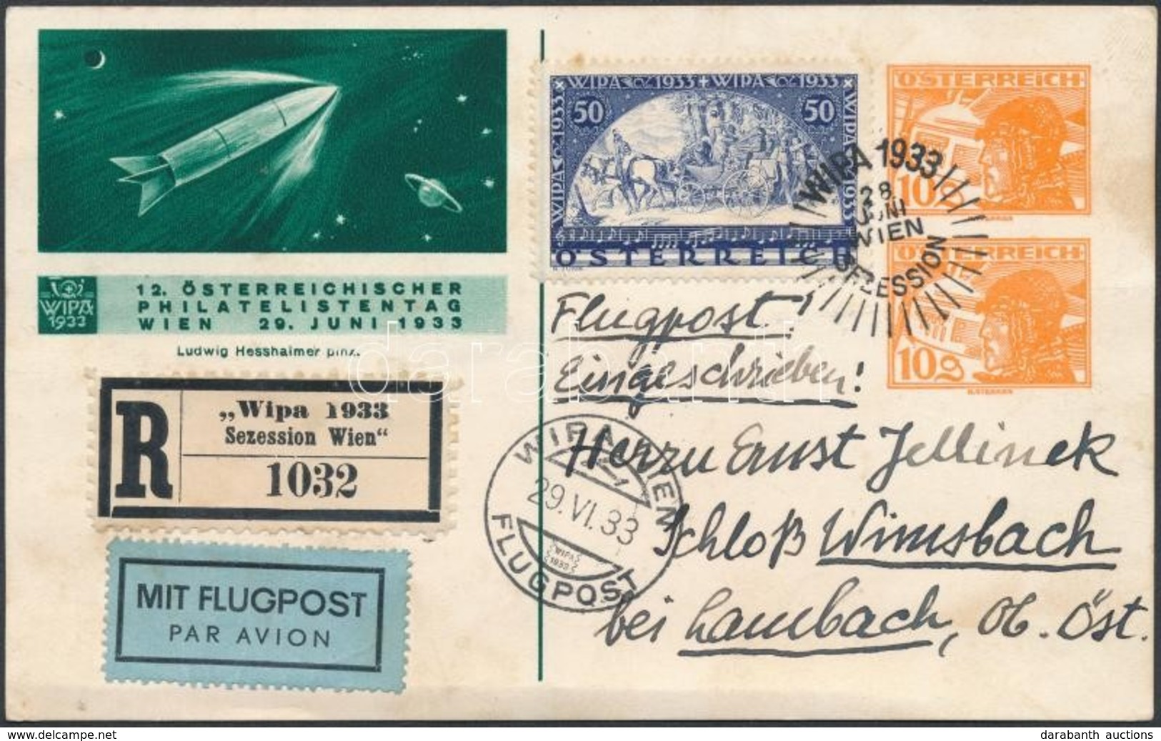 1933 WIPA Mi 555A Ajánlott Légi Levelezőlapon / On Registered Airmail Postcard - Otros & Sin Clasificación