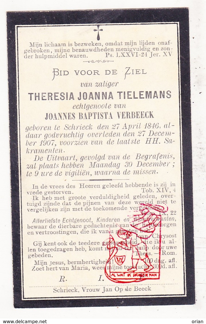DP Theresia J. Tielemans ° Schriek Heist-op-den-Berg 1846 † 1907 X JB. Verbeeck - Andachtsbilder