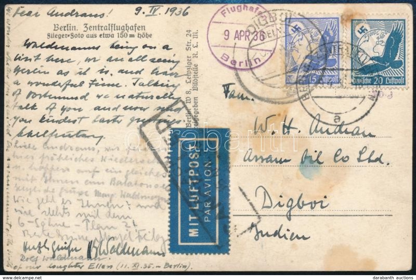 1936 Légi Levél Berlinből Digboiba (India) Fekete Kazettás 'KARACHI CANCELLED 16. Ápr. 1936' átmenő és 'DIGBOI' Bélyegző - Otros & Sin Clasificación