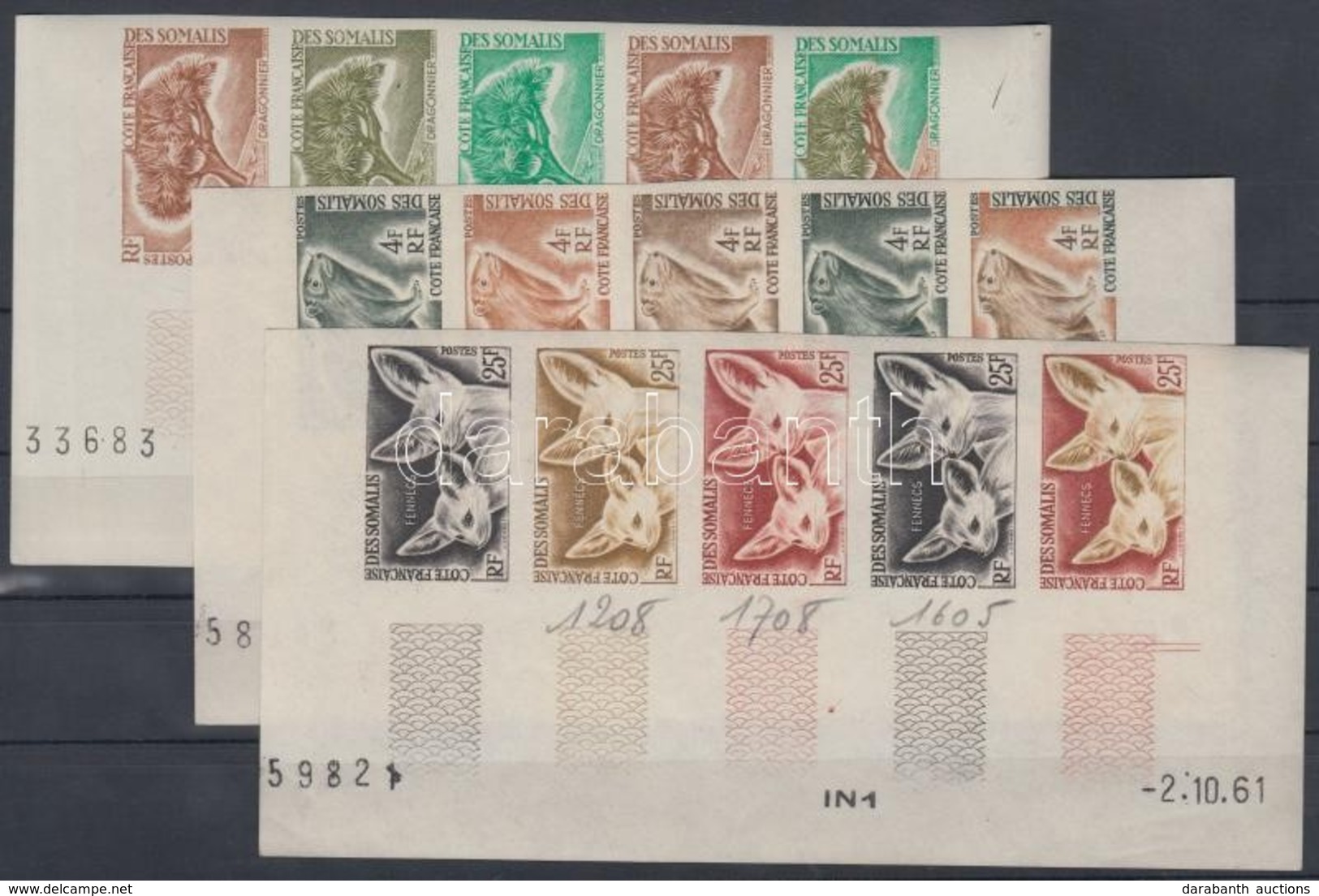 ** 1962 Növények és állatok Mi 336-337 + 338 15 Klf Fogazatlan Színpróba 3 Klf ötöscsíkban /3 Stripes Of 5 Different Imp - Sonstige & Ohne Zuordnung