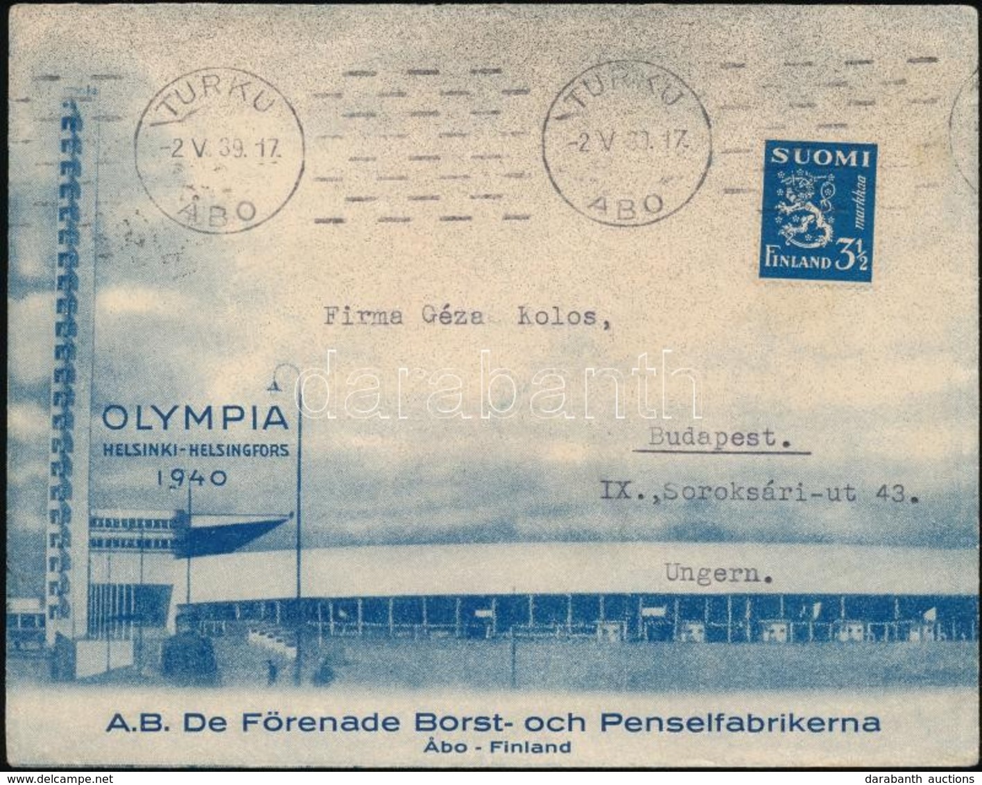 1939 Levél Az Elmaradt Helsinki Olimpia Reklámjával / Cover Advertising The (postponed) Helsinki Olympic Games - Otros & Sin Clasificación