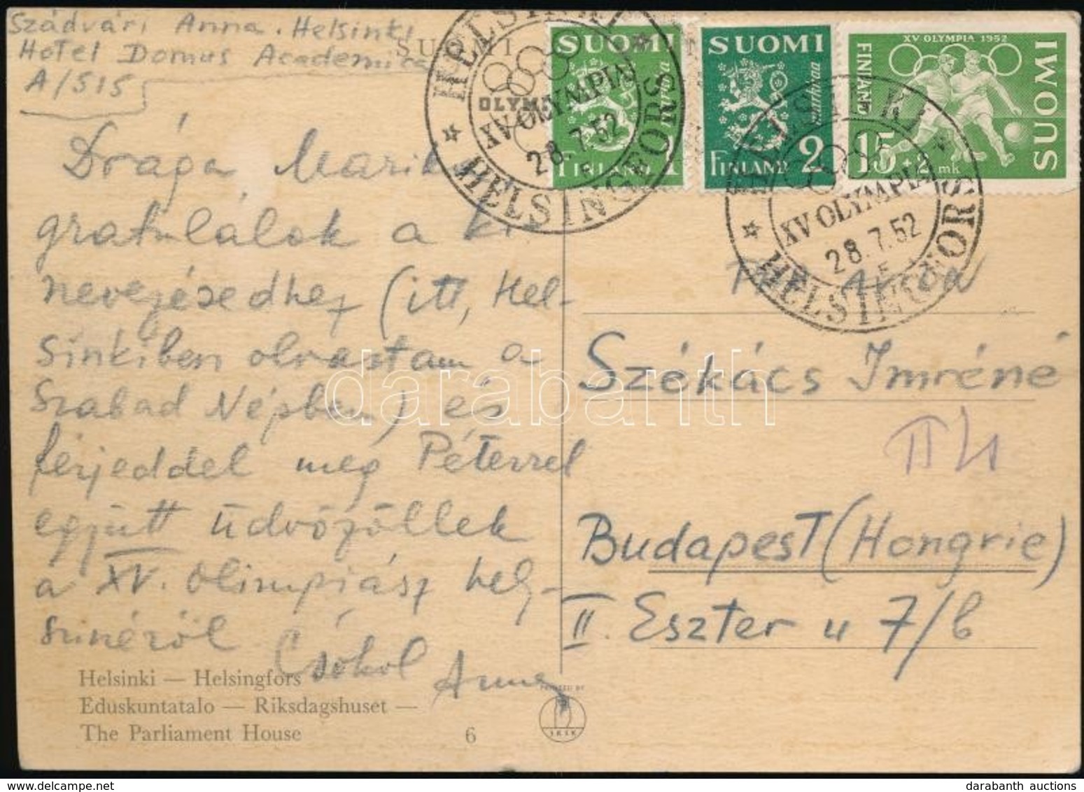 1952 Képeslap A Helsinki Olimpia Alkalmi Bélyegzésével / Postcard With Olympic Special Cancellation - Sonstige & Ohne Zuordnung