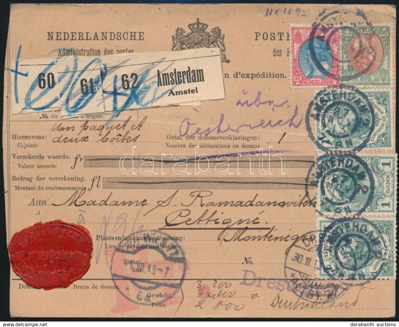 1913 Csomagszállító 3 Csomagról Montenegróba / Parcel Card Of 3 Parcels To Montenegro - Altri & Non Classificati