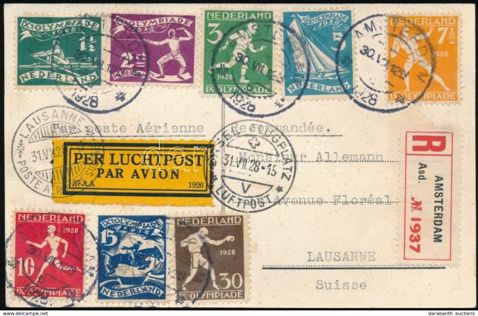 1928 Ajánlott Légi Képeslap Amszterdami Olimpia Sorral Svájcba / Registered Airmail Postcard With Olympic Games Set To S - Sonstige & Ohne Zuordnung