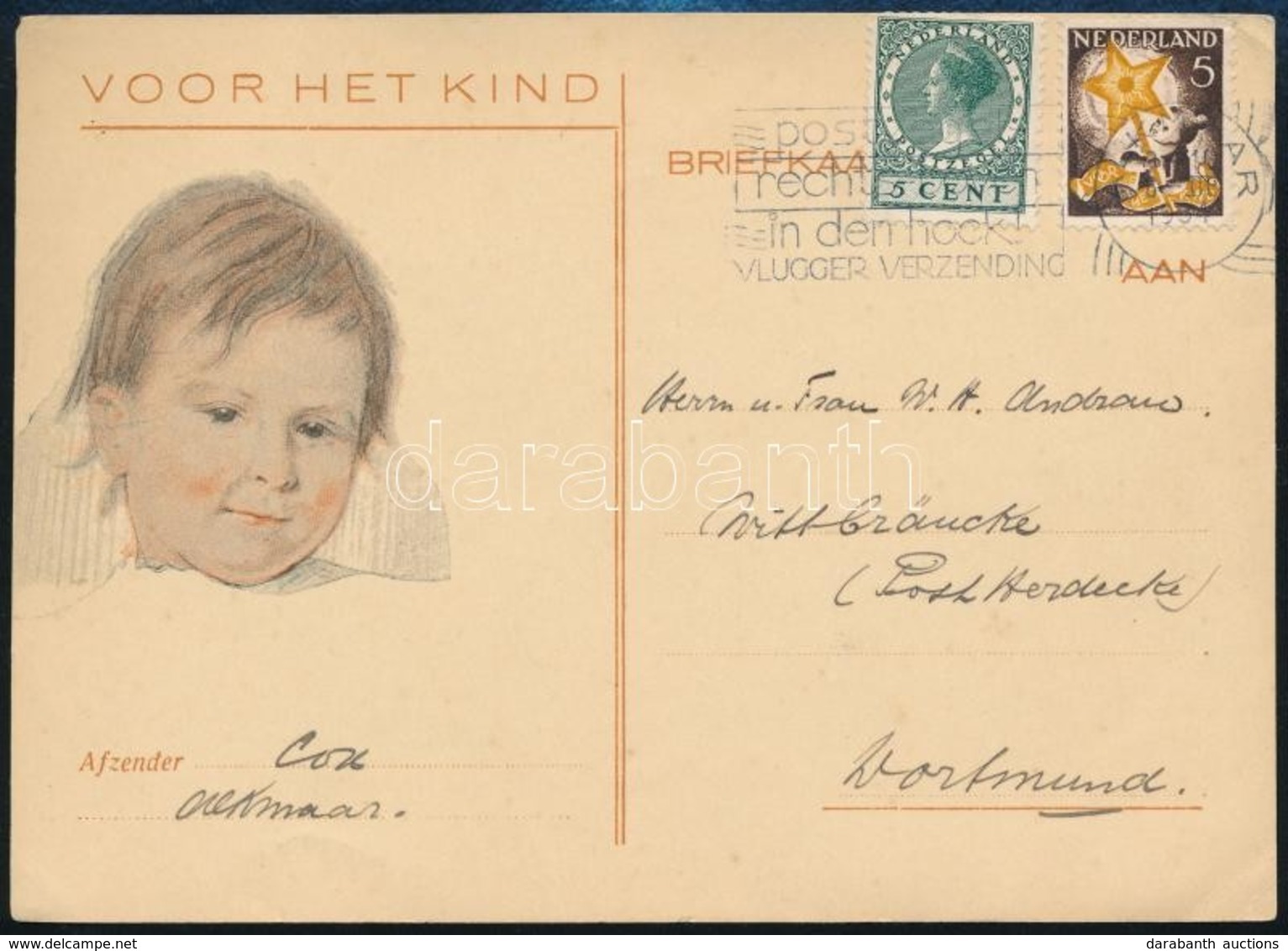 1934 Levelezőlap Alkmaarból Dortmundba 'VOR HET KIND' Bélyeggel - Sonstige & Ohne Zuordnung