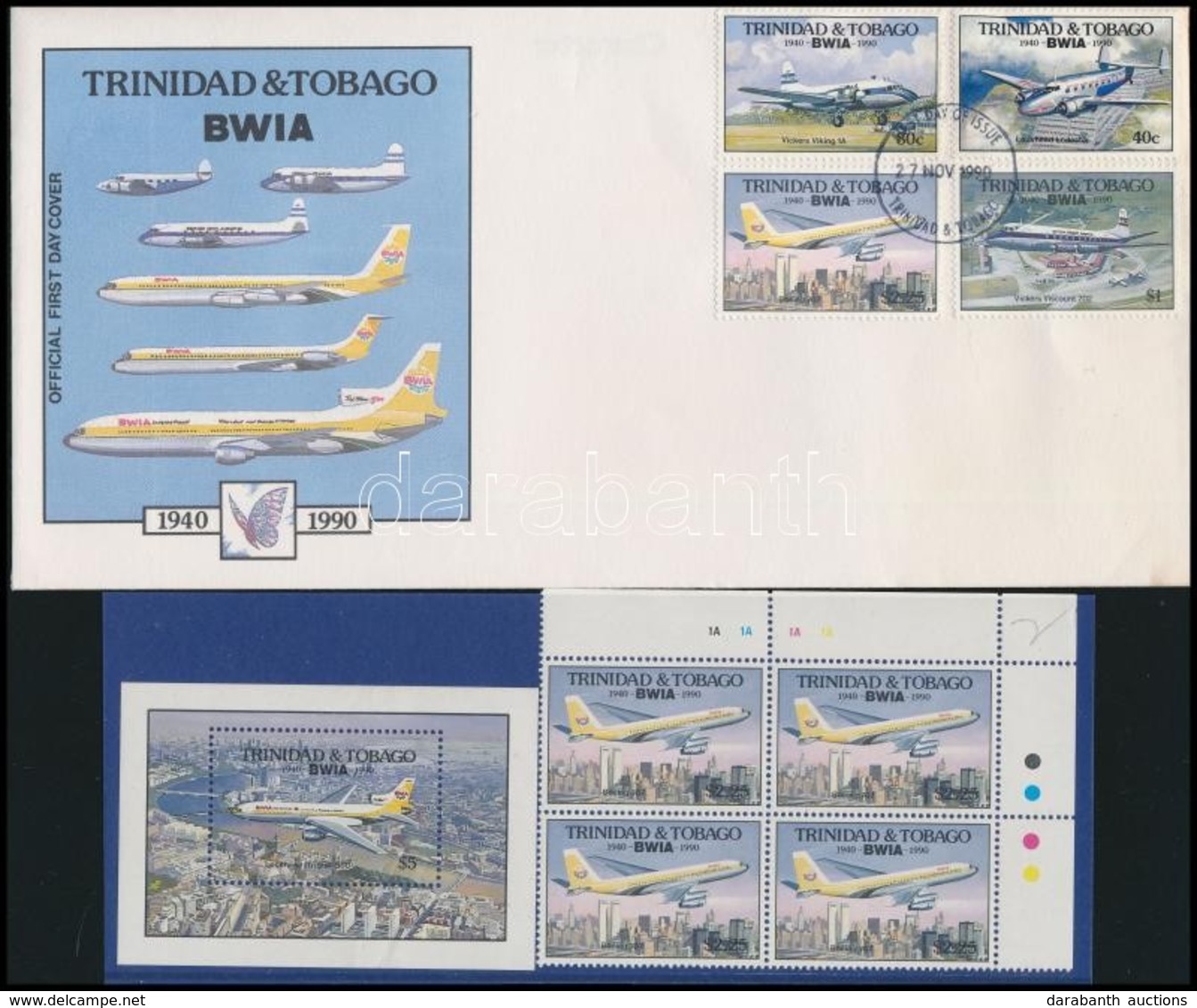 ** 1990 50 éves A British West Indies Airways (BWIA) Sor FDC-n + Blokk + 1 érték ívsarki Négyestömbben Mi 604-607 + 41 - Sonstige & Ohne Zuordnung