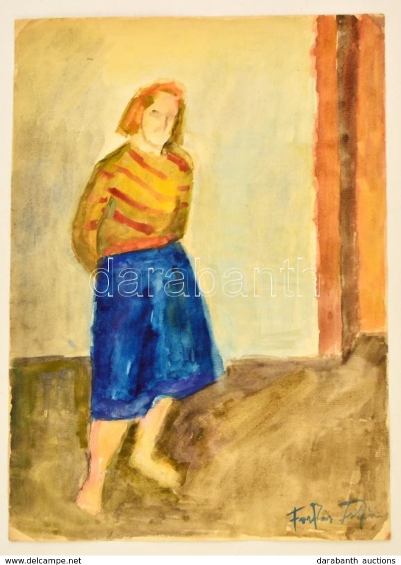Farkas Jelzéssel: Lány, Akvarell, Papír, 41,5×30,5 Cm - Altri & Non Classificati