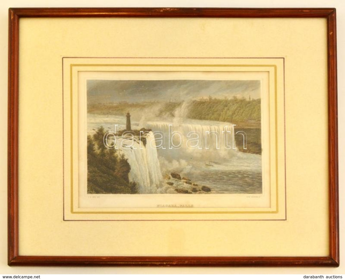 Cca 1851 Niagara-Falls, Színes Acélmetszet, Paszpartuban, üvegezett Fa Keretben, 12,5×17 Cm - Stiche & Gravuren