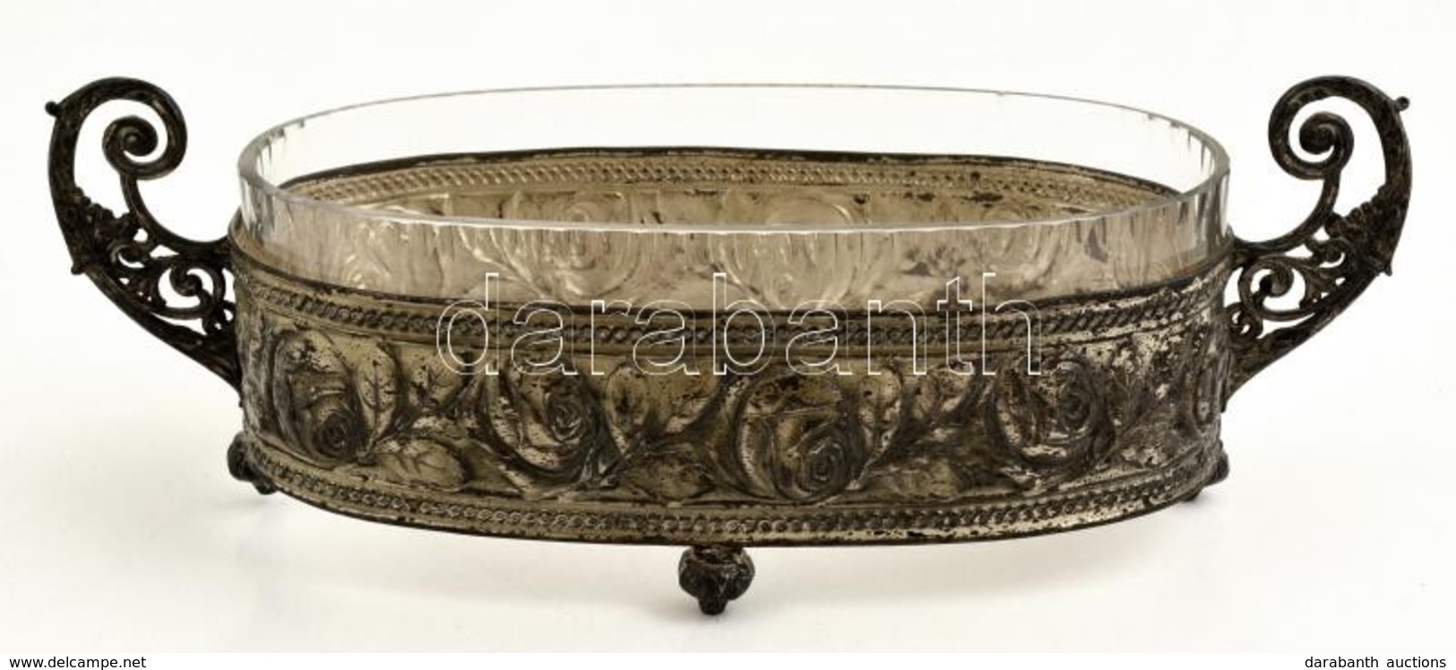 1900 Ezüstözött Alpakka Jardiniere, Eredeti üvegbetéttel, Apró Csorbával, H:35 Cm, M:12 Cm - Sonstige & Ohne Zuordnung