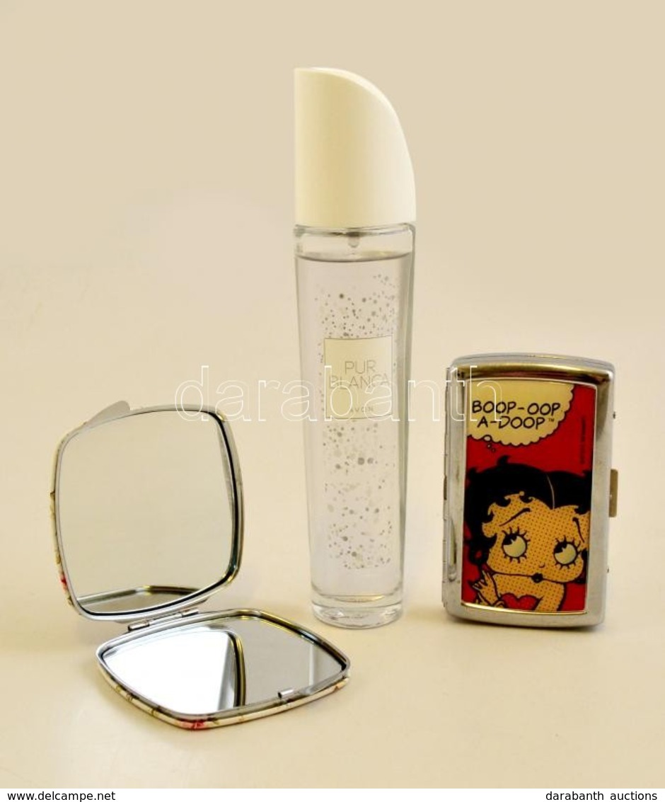 Vegyes Tétel: Avon Pur Blanca Alig Használt Parfüm; összecsukható Kézi Tükör újszerű állapotban, Fém Cigarettatartó Dobo - Altri & Non Classificati