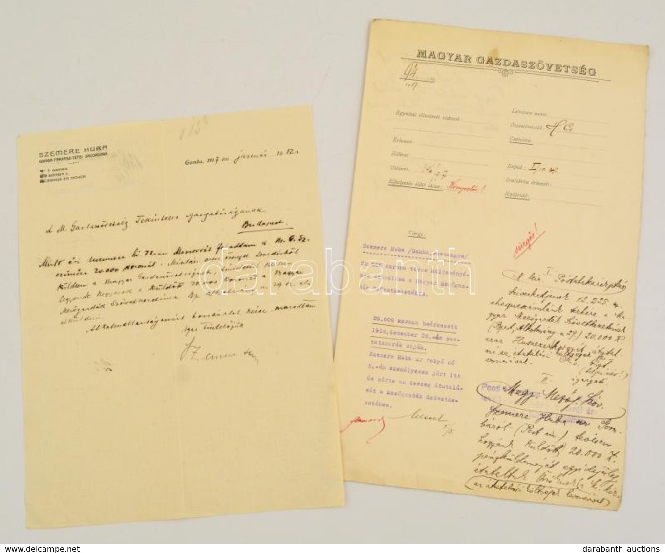 1917 A Magyar Gazdaszövetség Két Irata Szemere Huba által Utalt Pénzösszeg Tárgyában - Non Classificati