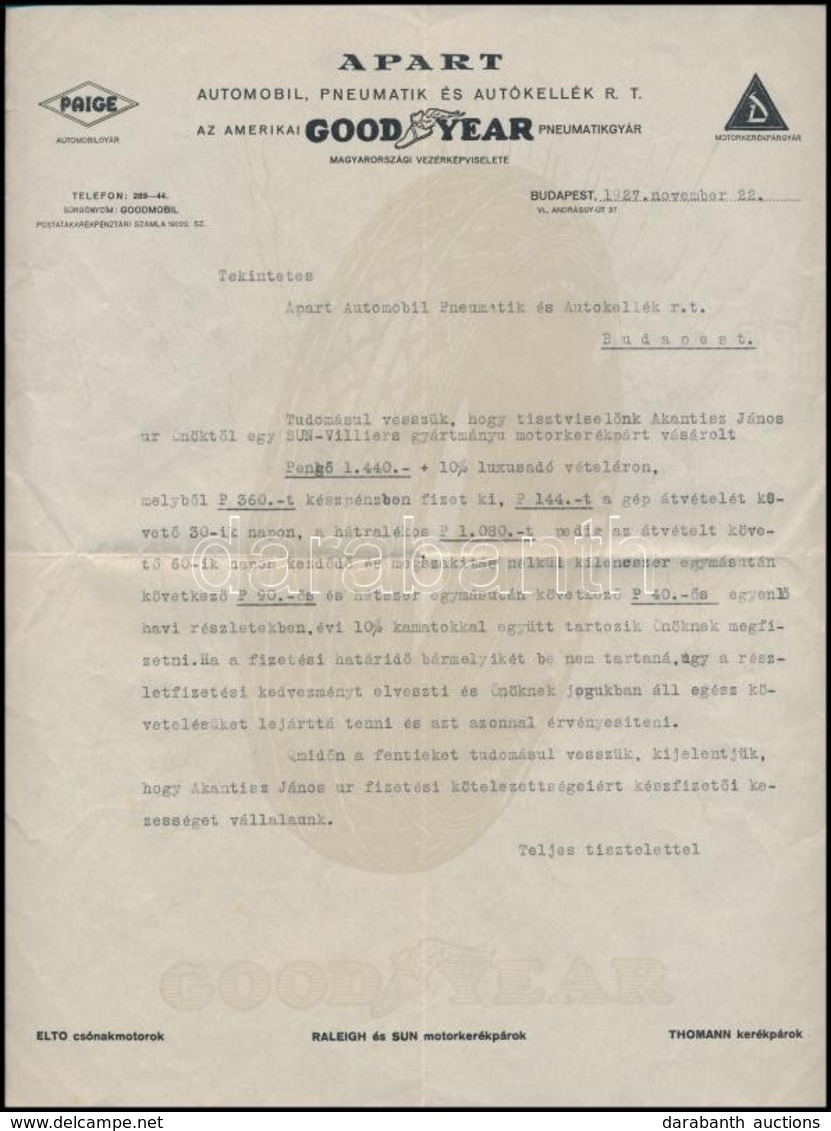 1927 Bp., Az Apart Automobil, Pneumatik és Autókellék Rt., A Good Year Képviselője által írt Kezességvállaló Levél, Egyi - Sin Clasificación