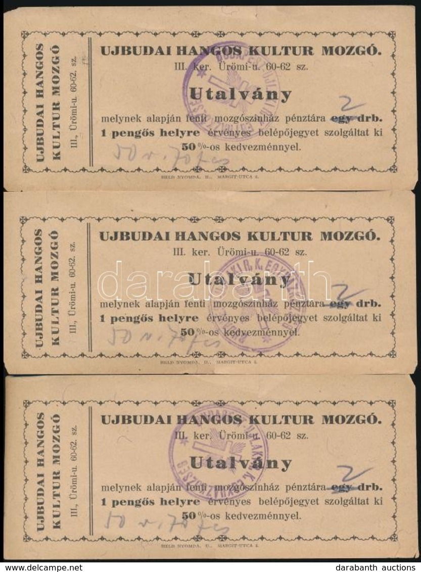 Cca 1930 Bp.III., Jegyutalvány Az Újbudai Hangos Kultur Mozgóba, 3 Db - Sin Clasificación