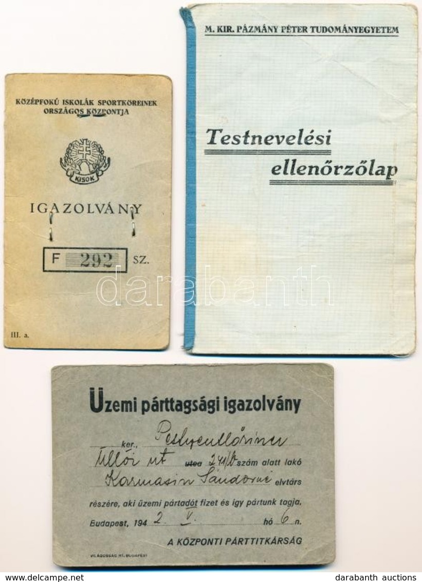 1933 Érdekes Igazolványok: Testnevelési Ellenőrzőlap Egyetemi Hallgató Részére. Fényképes. + KISOK Igazolvány + Üzemi Pá - Sin Clasificación