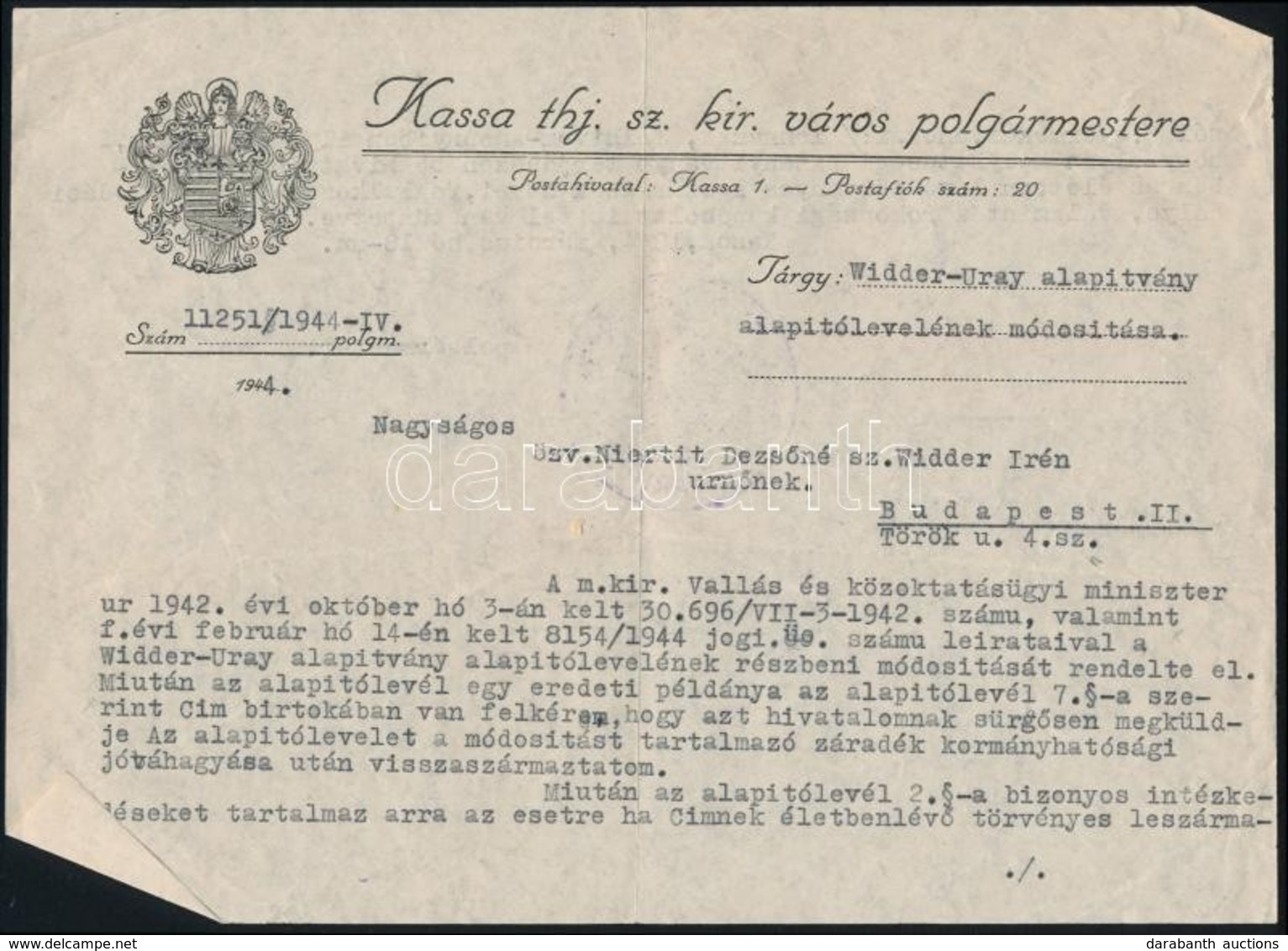 1944 Irat Pohl Sándor Kassai Polgármester Aláírásával - Sin Clasificación