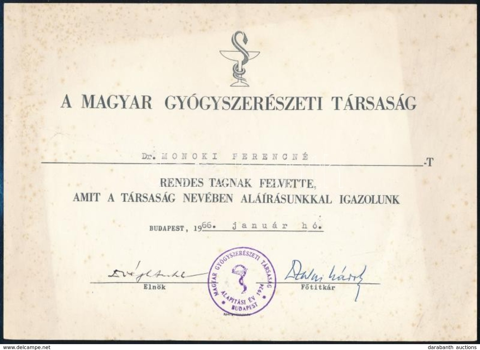 1966 A Magyar Gyógyszerészeti Társaság Tagfelvételi Igazoló Lapja - Sin Clasificación