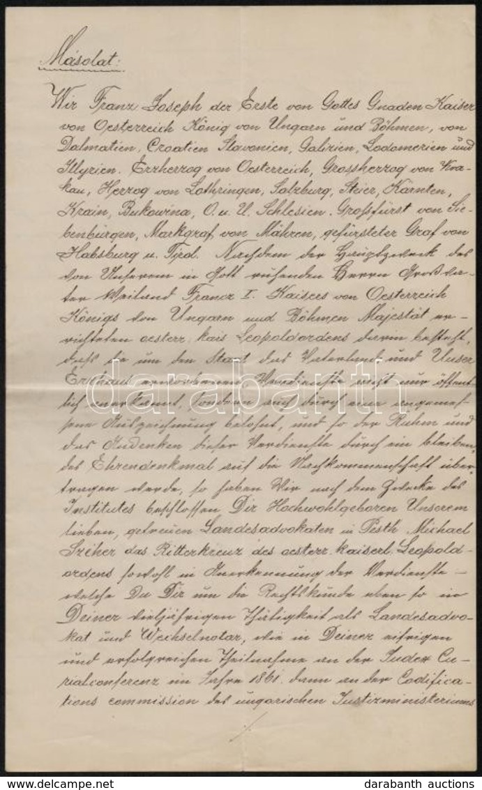 1890-1901 Széher Mihály (1817-1889) ügyvéd, Királyi Tanácsos, Pesti Képviselő 1877-es Címeres Levelének 1890. évi Hivata - Sin Clasificación