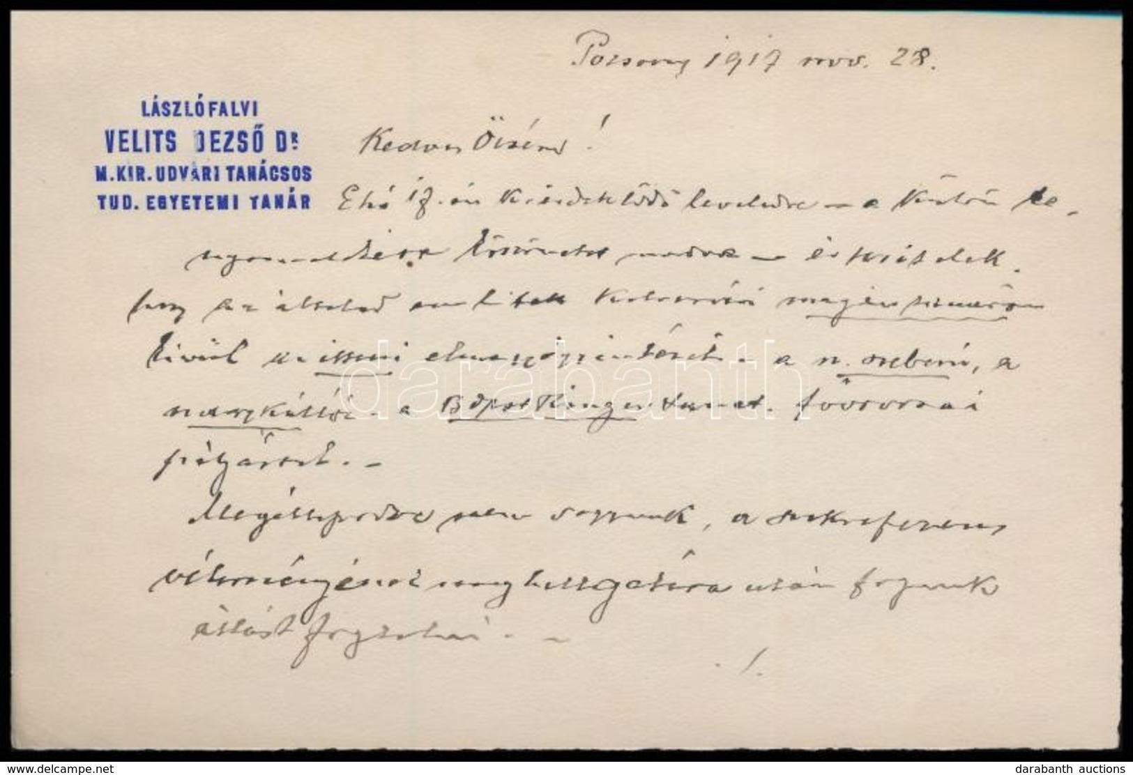1917 Dr. Velits Dezső (1860-1921) Orvos, Egyetemi Tanár A Pozsonyi (Felvidék) állami Kórház Igazgatója Saját Kezű Levele - Ohne Zuordnung