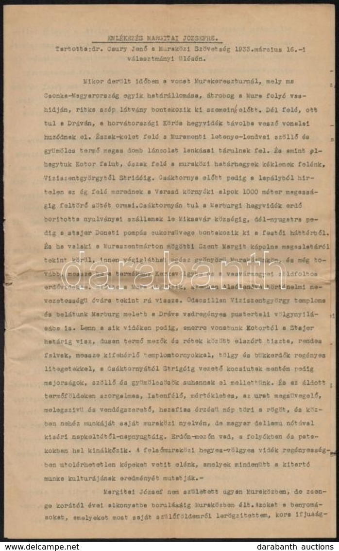 1933 Emlékezés Margitai Józsefre - Csury Jenő Beszéde A Muraközi Szövetség Választmányi ülésén - Sin Clasificación