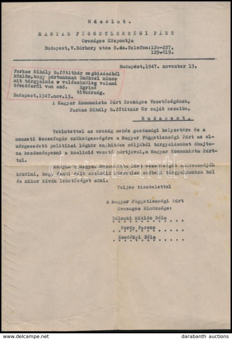 1947 Bp., A Magyar Függetlenségi Párt Levele A Magyar Kommunista Párt Országos Vezetőségének, Levélváltás Másolata - Sin Clasificación