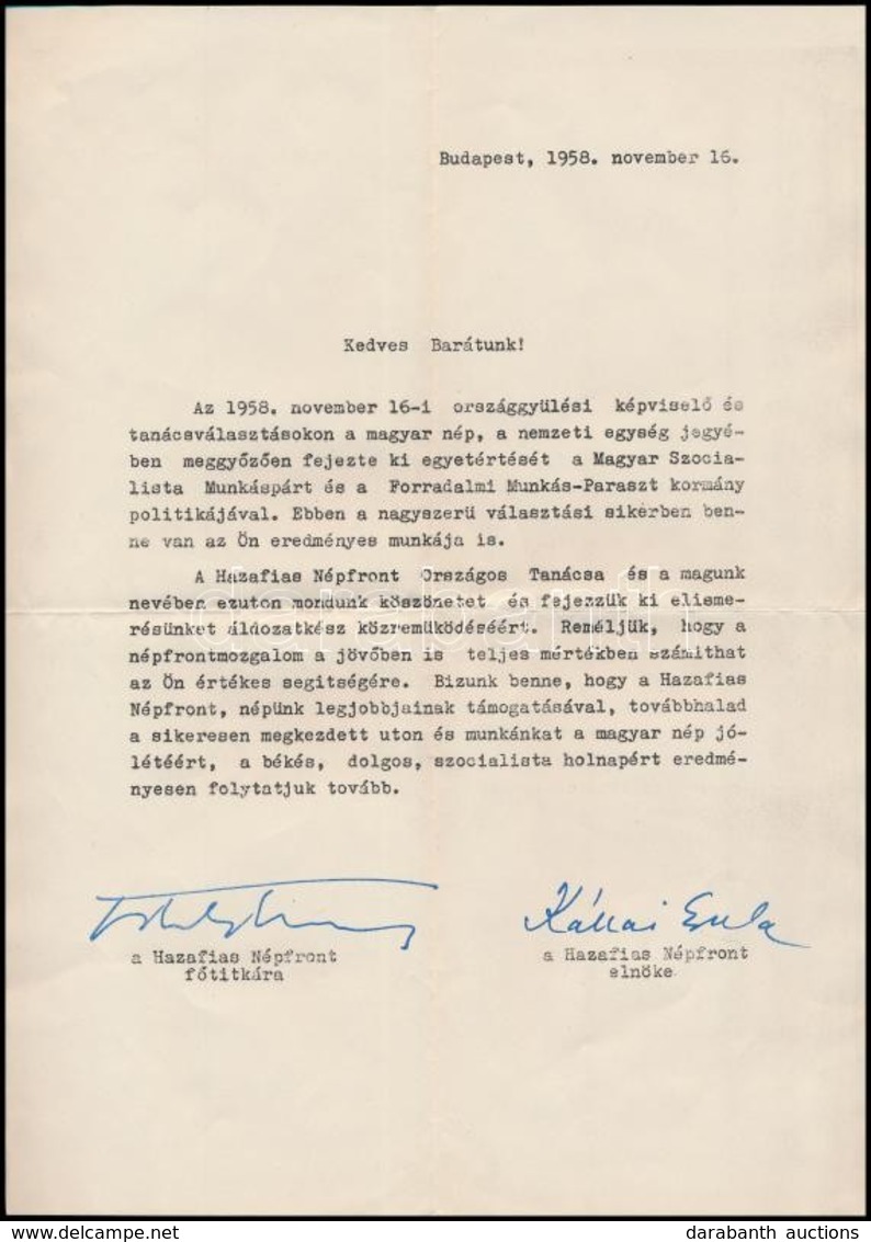 1958 Hazafias Népfront Gépelt Köszönő Levele A Választási Sikerben Való Közreműködésben, Kállai Gyula (1910-1996) Elnök, - Ohne Zuordnung
