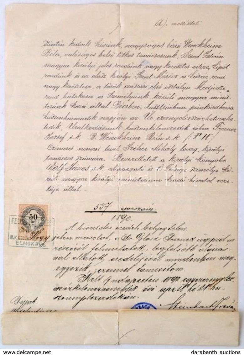 Széher Mihály (1817-1889): ügyvéd, Királyi Tanácsos. Pesti Képviselő 1877-es Címeres Levelének 1890. évi Hivatalos Másol - Ohne Zuordnung
